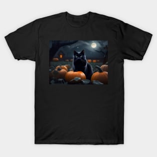 Black cat in a pumpkin patch at midnight T-Shirt